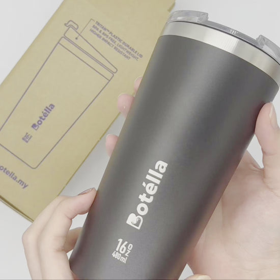 Video of Botella Tumbler. Enjoy your beverages on the go with this 16oz tumbler. Perfect for the office, studying, or working from home, its Tritan™ Lid is stronger, lighter, and leak-proof. With its durable 304 Food Grade Stainless Steel construction and double wall design, it's guaranteed to keep your drinks cold for up to 10 hours or hot for up to 6 hours - all without any sweat. Certified BPA-Free and FDA approved.