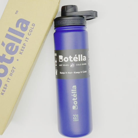 Video from Botella. Stay hydrated throughout the day with the 22oz (650ml) stainless steel vacuum flask. Its ideal size fits most car cup holders, while the durable 304 food grade stainless steel and double wall design keeps beverages cold for up to 20 hours and hot for 10 hours. It is BPA-free and FDA certified, and features a stainless steel collar and curved radius for an updated look. Enjoy hot or cold drinks anywhere you go!